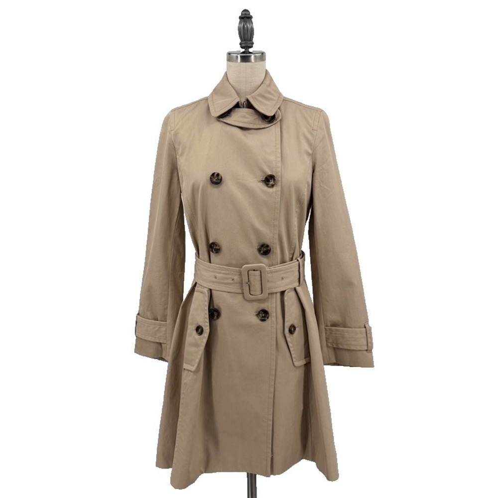 Banana Republic Petite XS Trench Coat Khaki Belted Double Breasted Classic Cotto